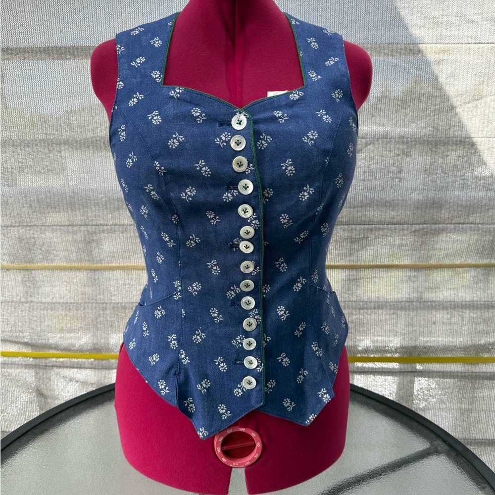Blue Floral Vintage Women’s Dirndl Vest - Classic Bavarian Style